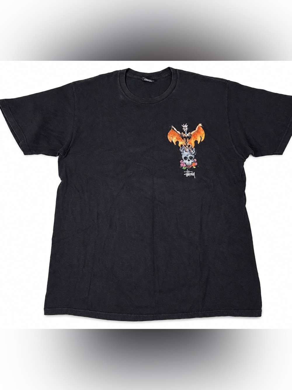 Stussy Black Skull Flames Graphic T-Shirt Men’s L Streetwear